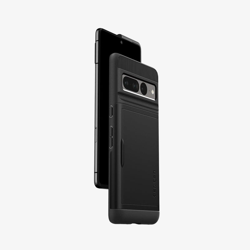 ACS04731 - Pixel 7 Pro Case Slim Armor CS in black showing the back, sides and partial front with case half cut