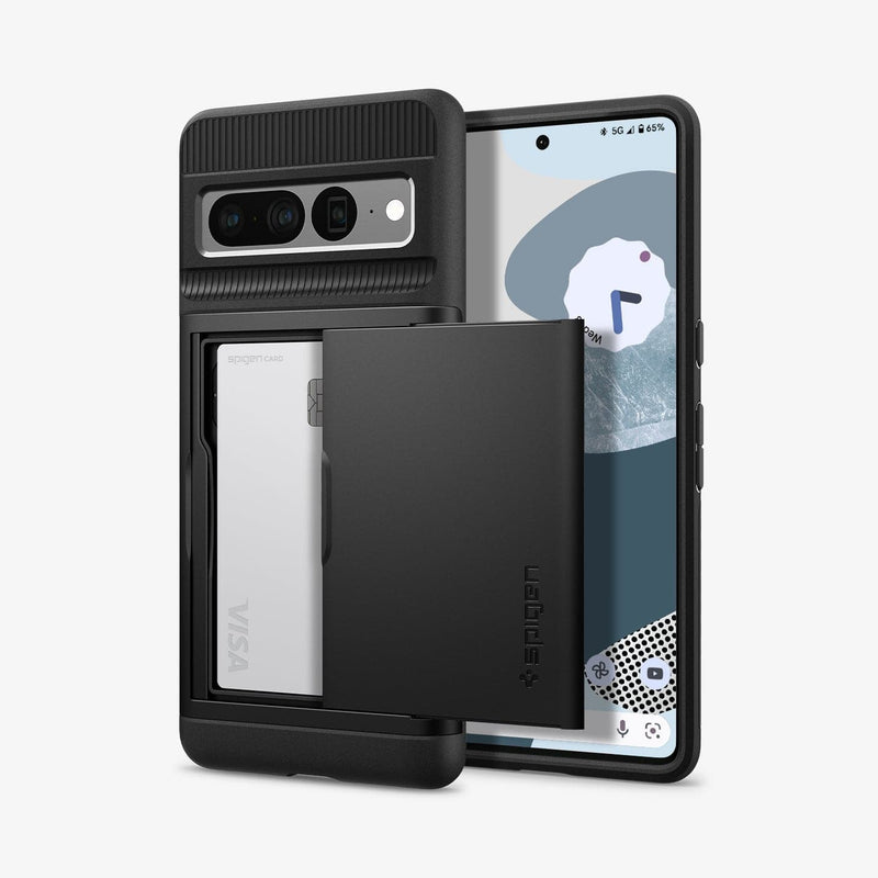 ACS04731 - Pixel 7 Pro Case Slim Armor CS in black showing the back and front with card in slot