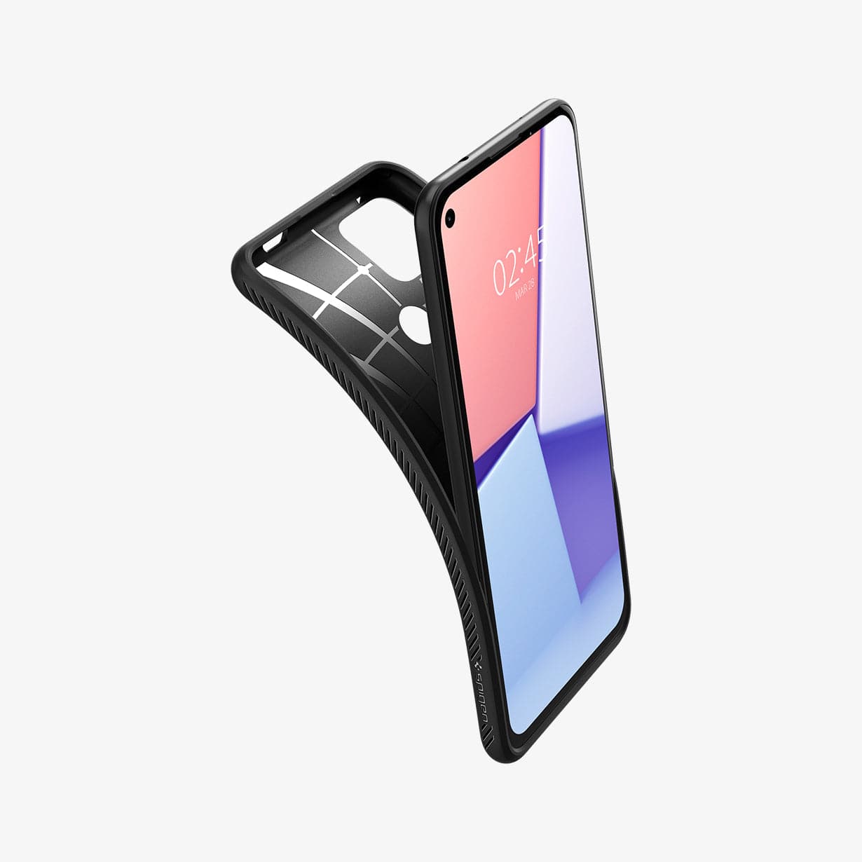 ACS02907 - Pixel 5a Case Liquid Air in matte black showing the case bending away from device to show the flexibility