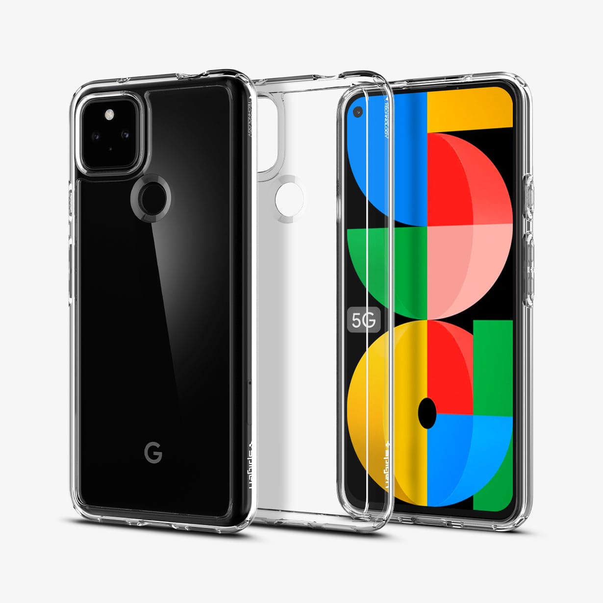 ACS02909 - Pixel 5a Case Ultra Hybrid in crystal clear showing the back, inside and front