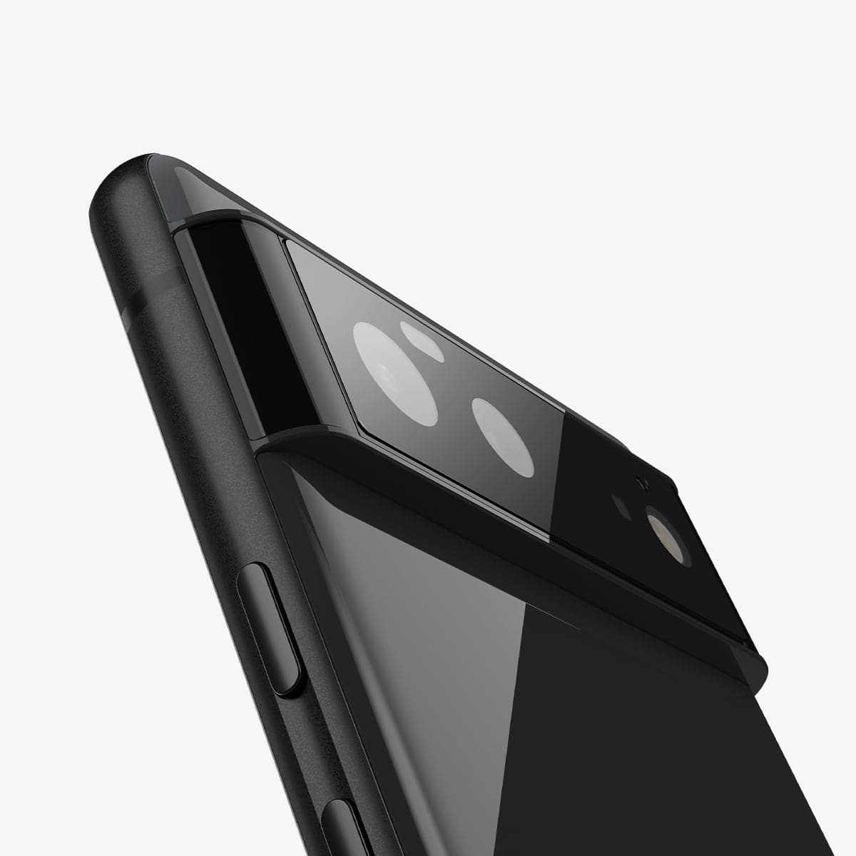 AGL04197 - Pixel 6 Optik Lens Protector in black showing the back and side zoomed in on camera lens