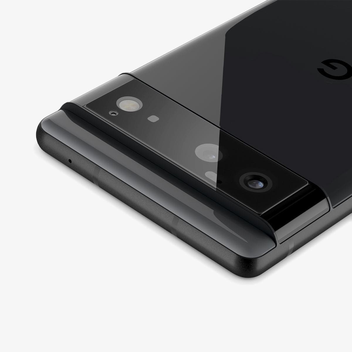 AGL04197 - Pixel 6 Optik Lens Protector in black showing the top, back and side zoomed in on camera lens