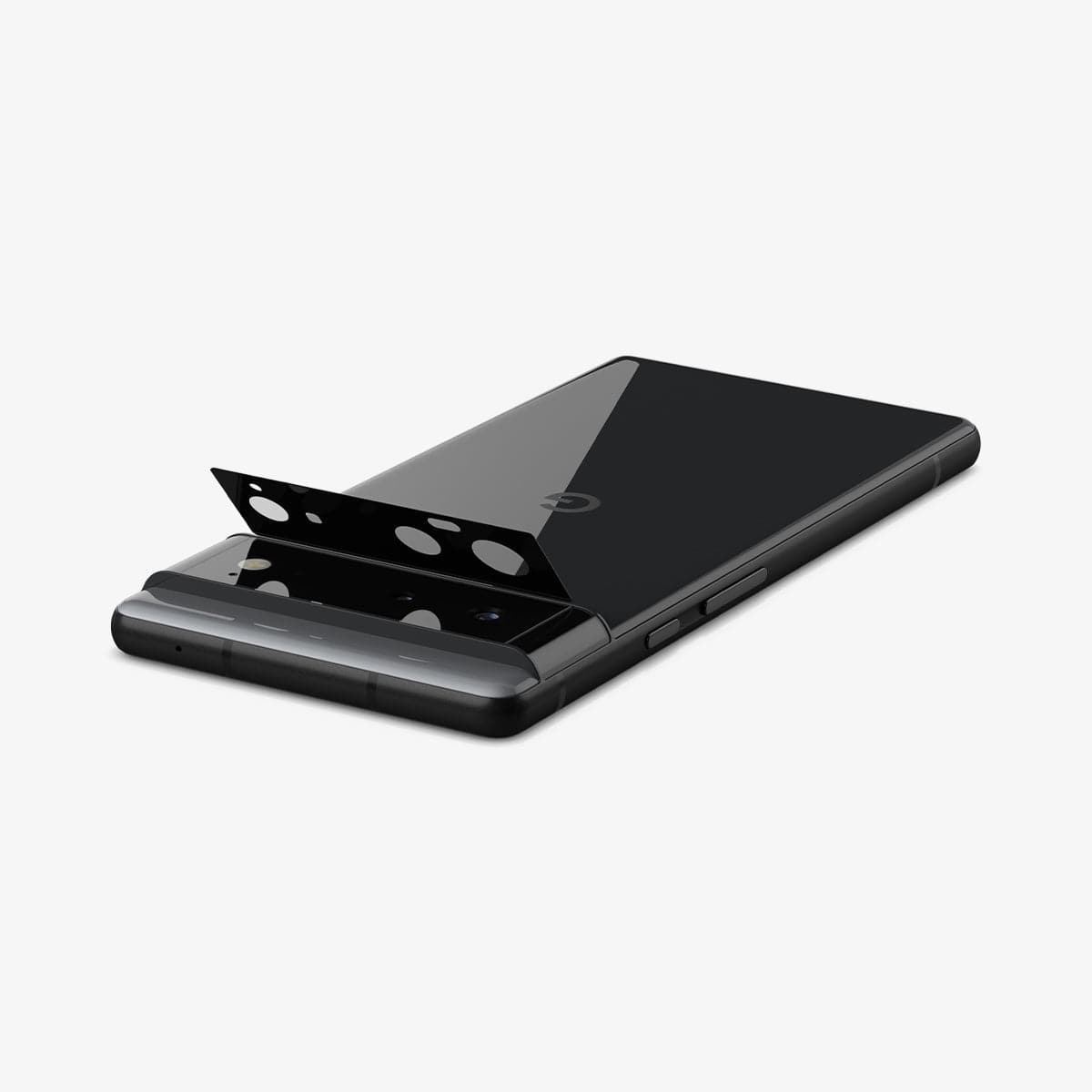 AGL04197 - Pixel 6 Optik Lens Protector in black showing the optik lens protector being installed onto camera lens
