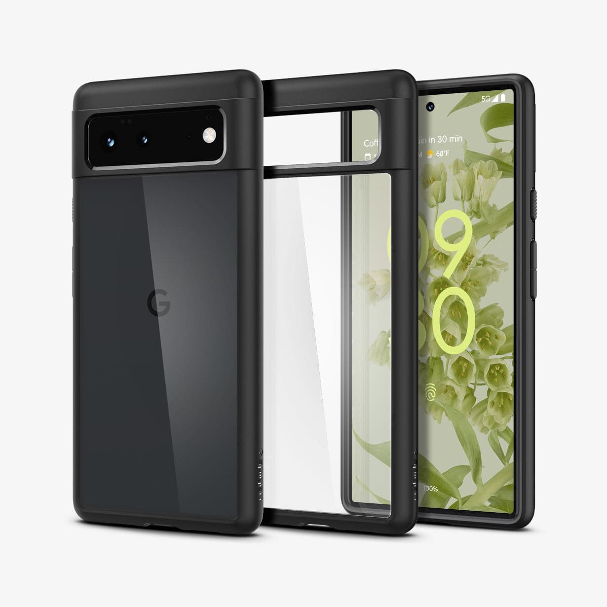 ACS03439 - Pixel 6 Case Ultra Hybrid in matte black showing the back, inside and front