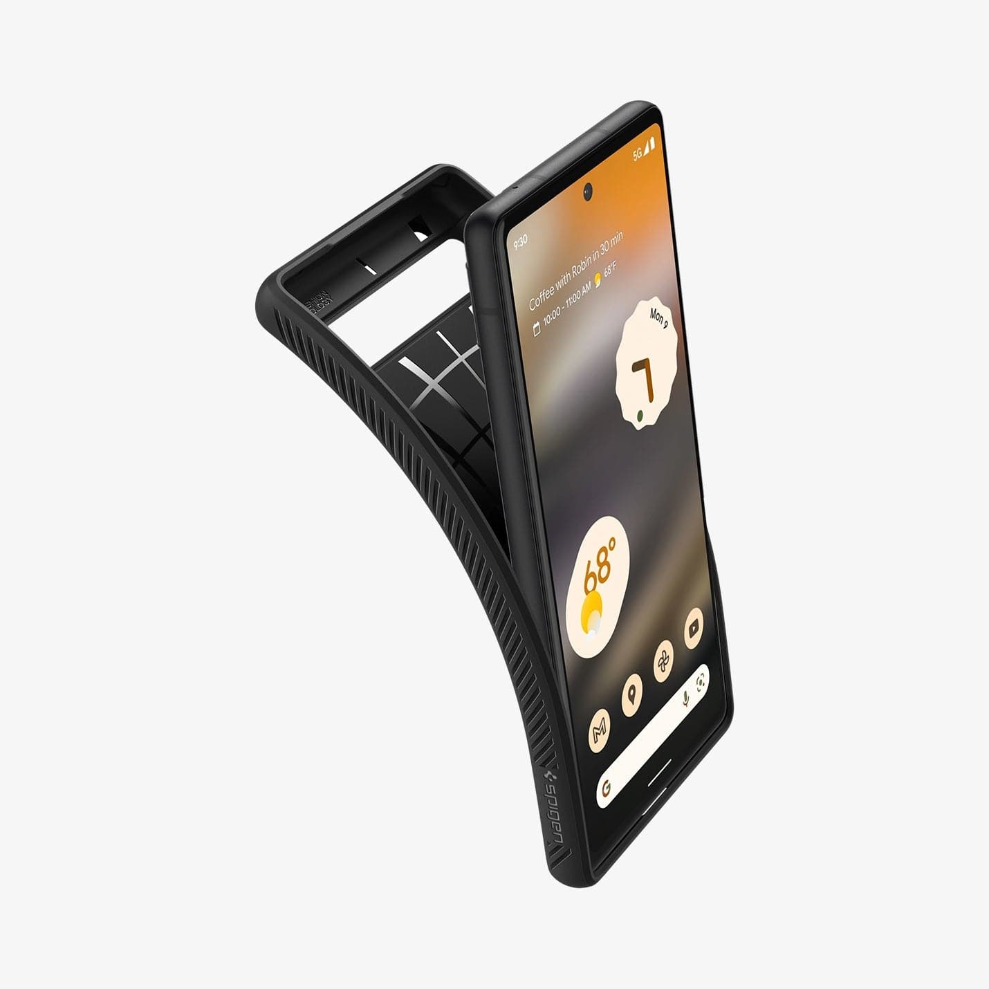 ACS04474 - Pixel 6a Case Liquid Air in matte black showing the case bending away from device to show the flexibility