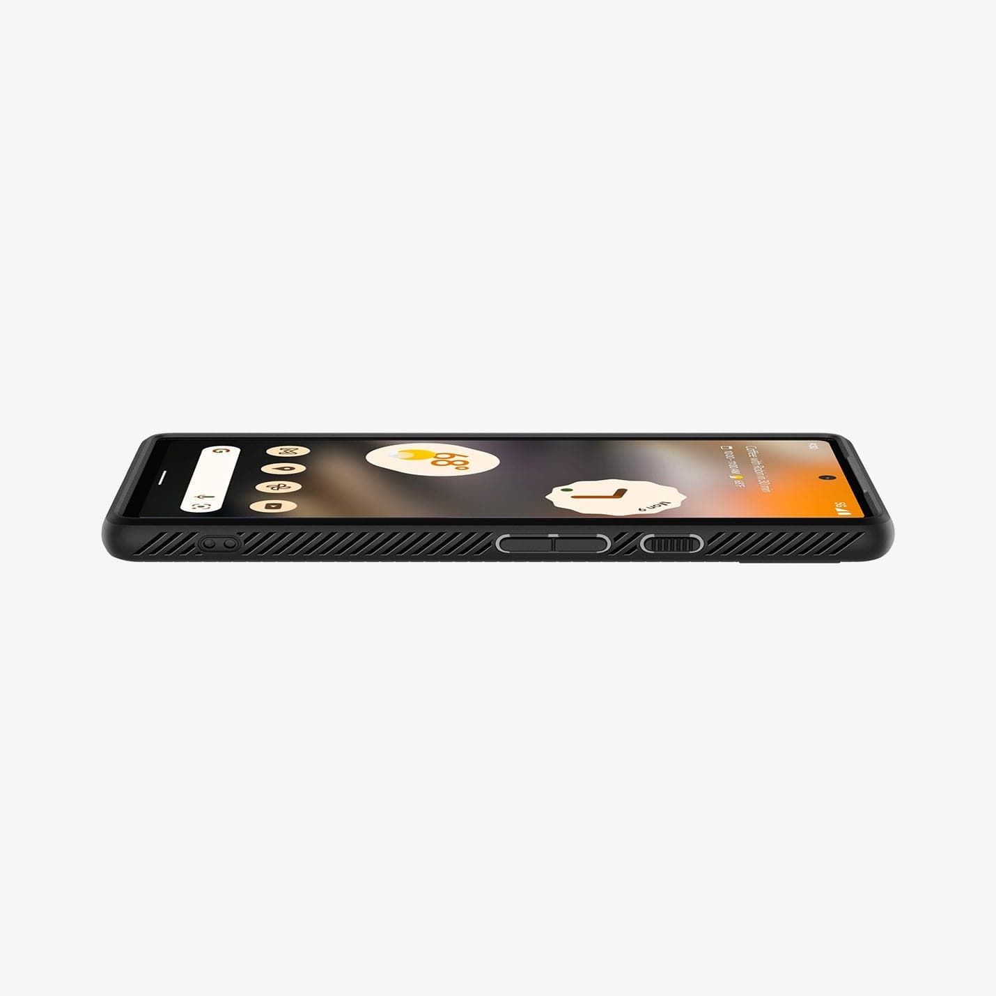 ACS04474 - Pixel 6a Case Liquid Air in matte black showing the front and side with device laying flat