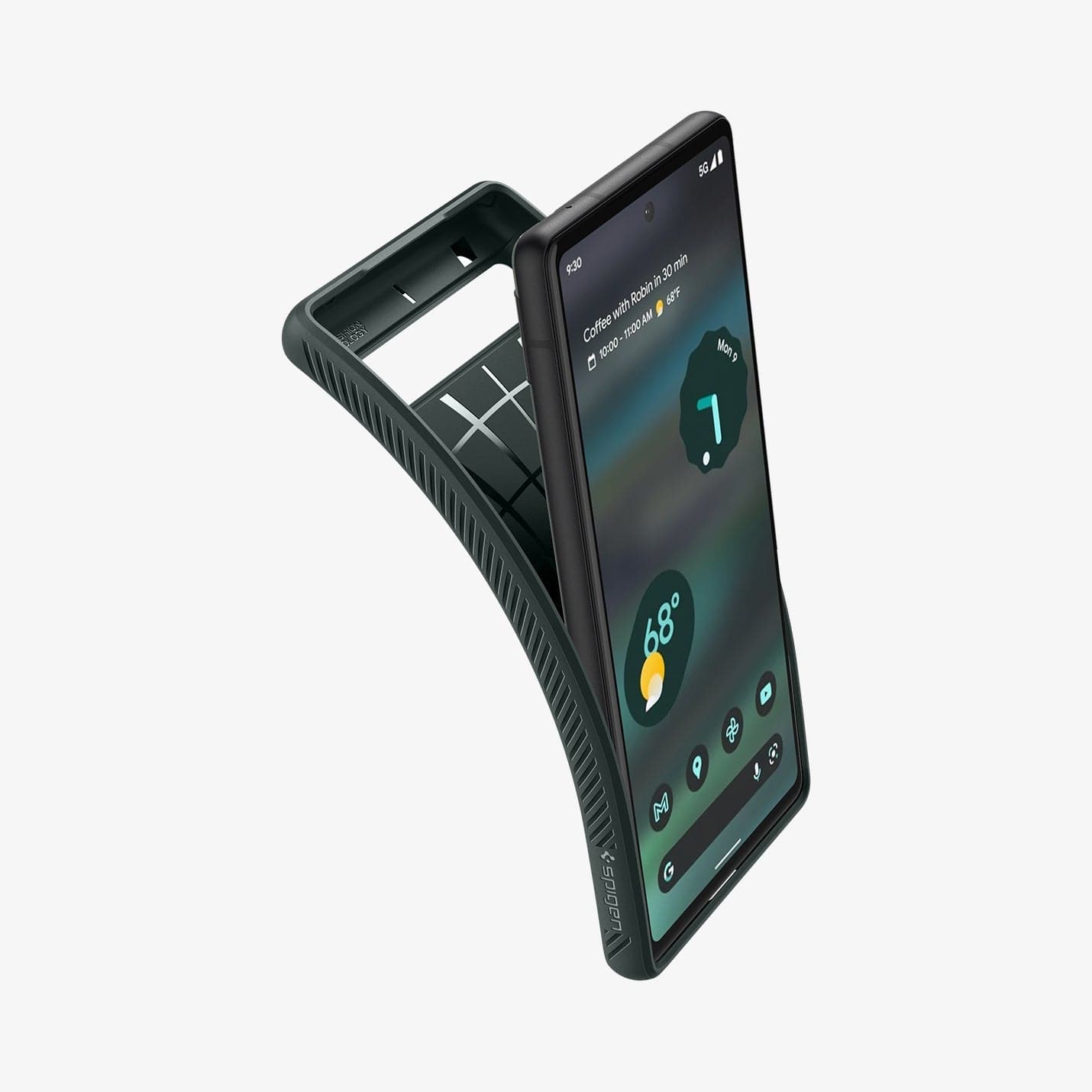 ACS04475 - Pixel 6a Case Liquid Air in midnight green showing the case bending away from device to show the flexibility