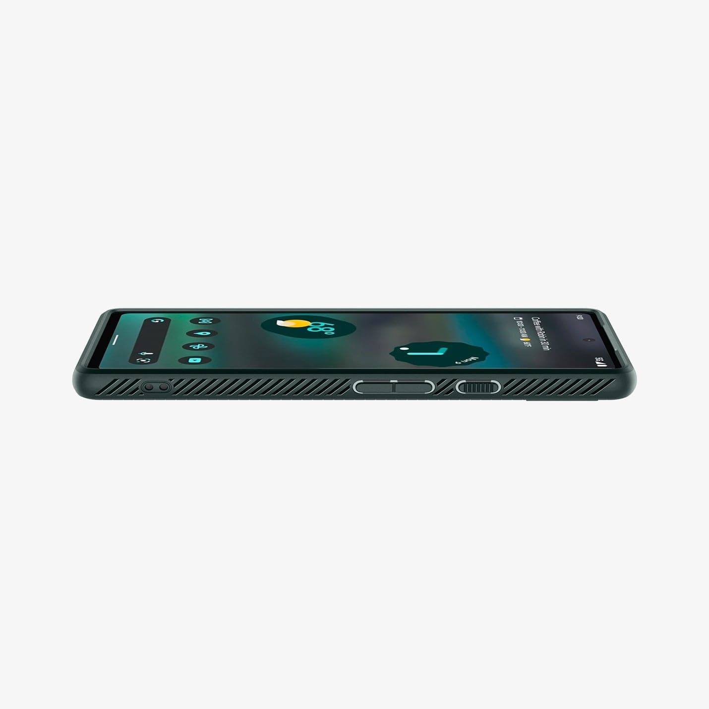 ACS04475 - Pixel 6a Case Liquid Air in midnight green showing the front and side with device laying flat