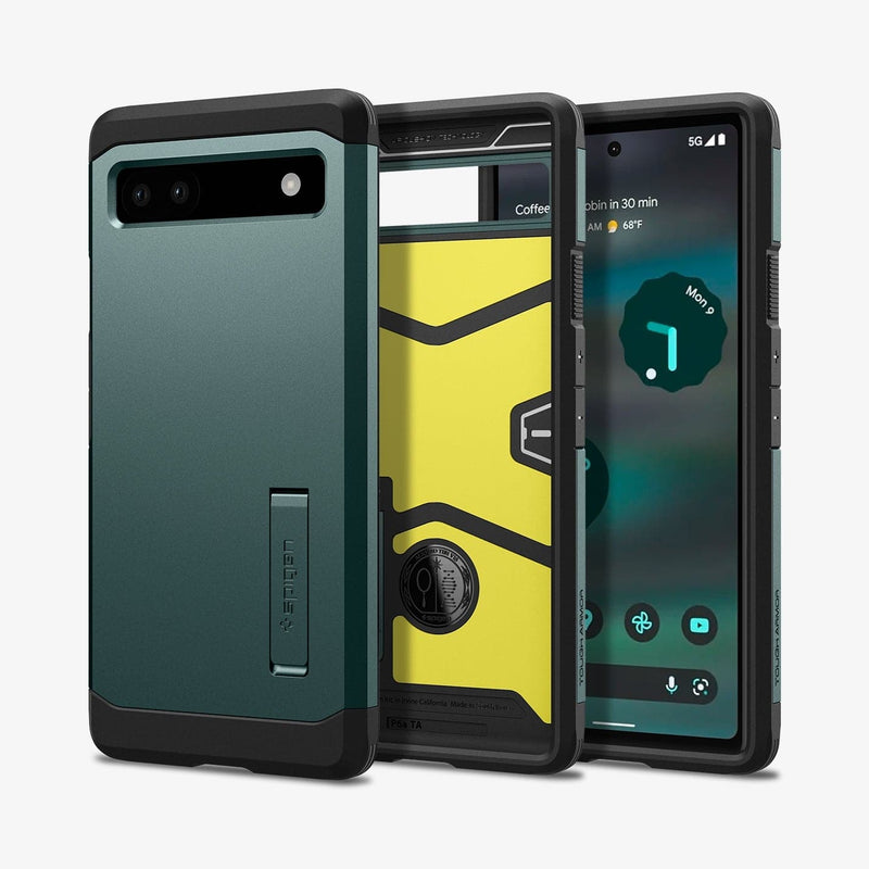 ACS04481 - Pixel 6a Case Tough Armor in midnight green showing the back, inside and front