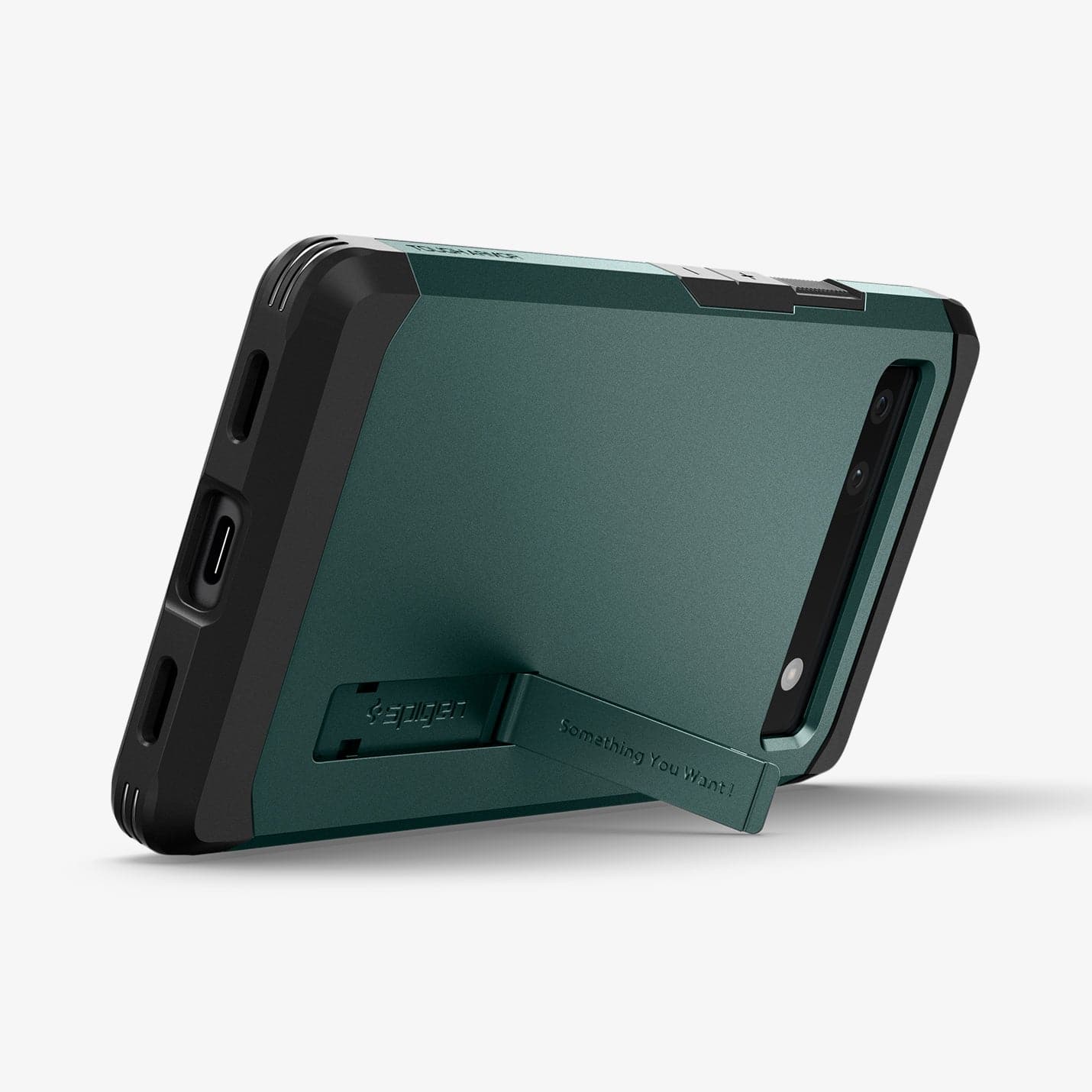 ACS04481 - Pixel 6a Case Tough Armor in midnight green showing the back and bottom with device propped up horizontally by built in kickstand