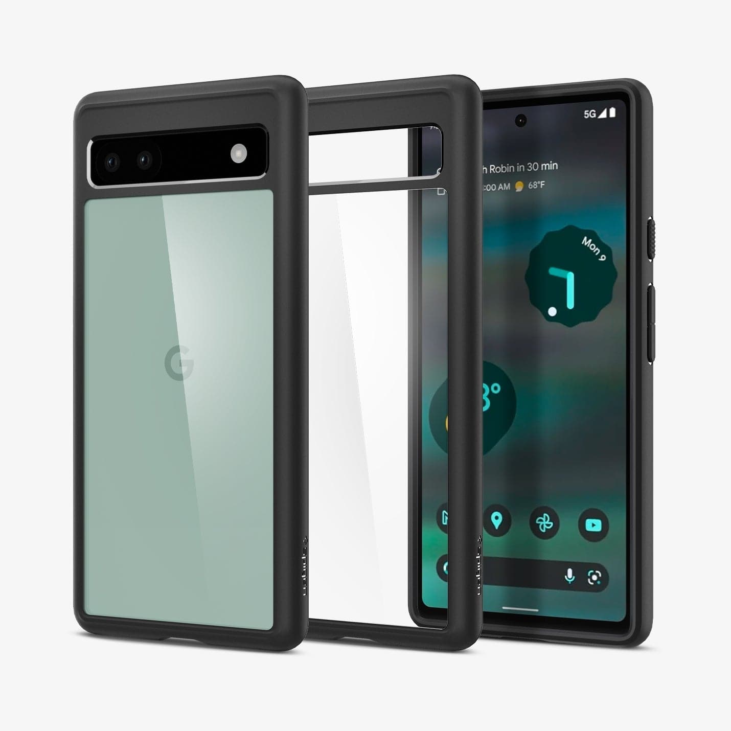 ACS04478 - Pixel 6a Case Ultra Hybrid in matte black showing the back, inside and front