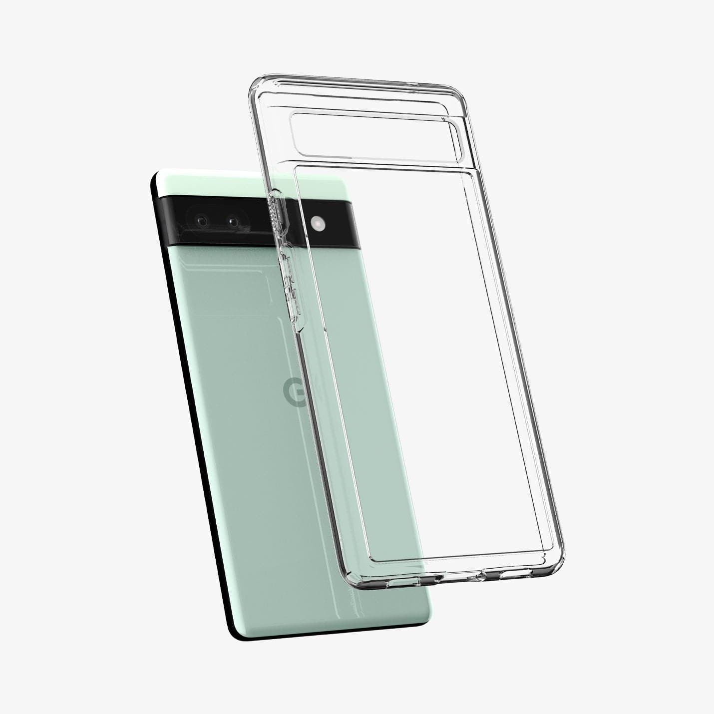 ACS04477 - Pixel 6a Case Ultra Hybrid in crystal clear showing the back with case hovering away from device