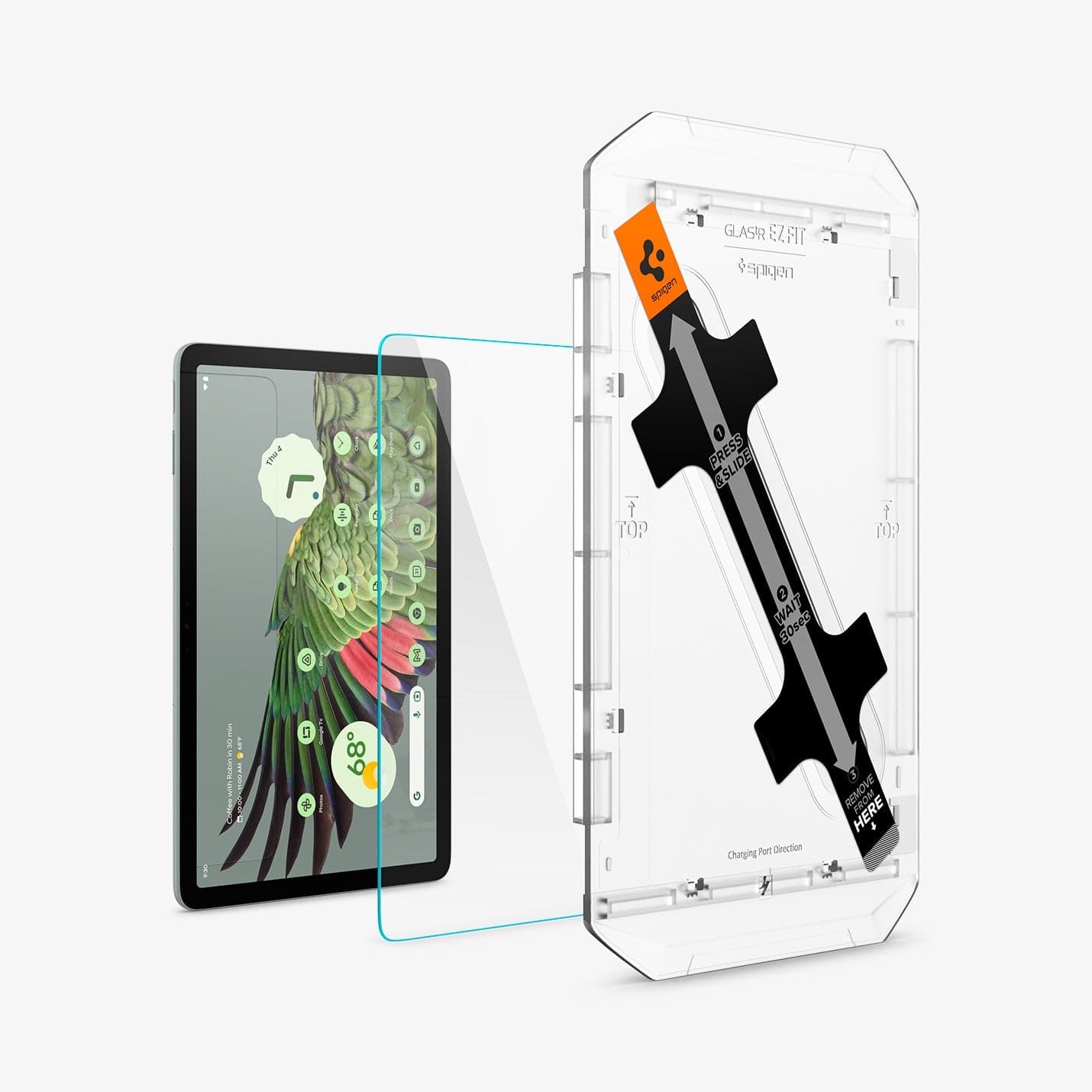 AGL06855 - Pixel Tablet Screen Protector EZ FIT GLAS.tR showing the device, screen protector and ez fit tray