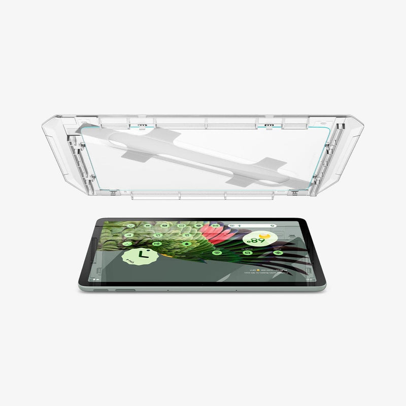 AGL06855 - Pixel Tablet Screen Protector EZ FIT GLAS.tR showing the ez fit tray hovering above the device