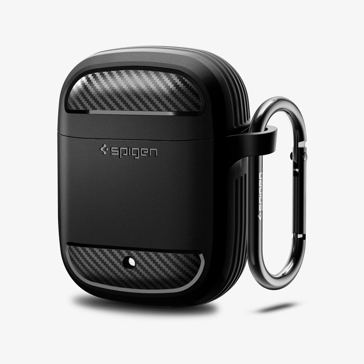 ASD01344 - Pixel Buds 2 Case Rugged Armor in black showing the front and side with carabiner