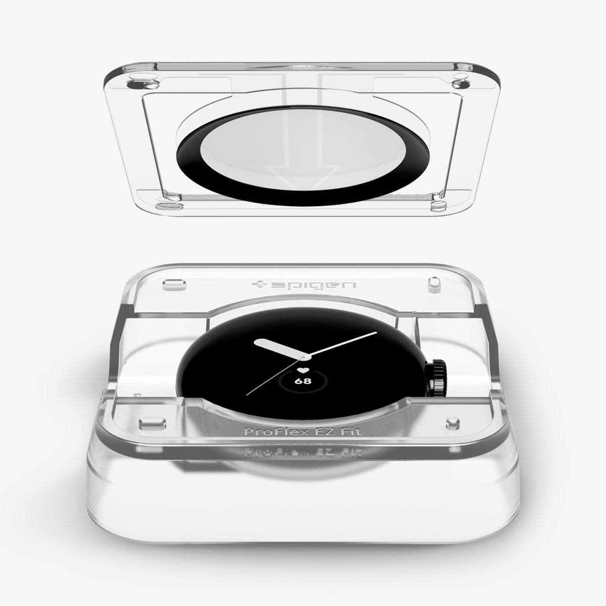 AFL05926 - Pixel Watch Screen Protector ProFlex EZ Fit showing the watch face installed in ez fit tray and screen protector hovering above