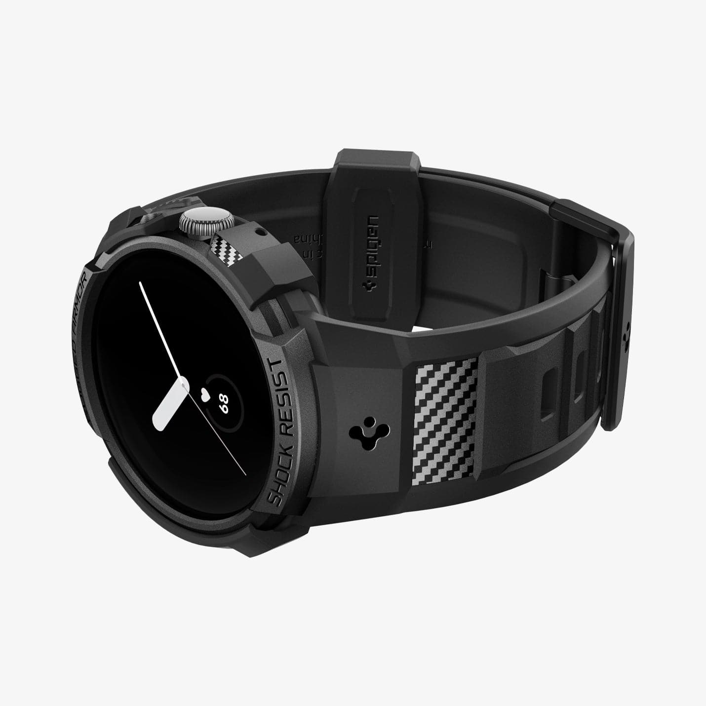ACS04800 - Pixel Watch Case Rugged Armor Pro in black showing the front and inside of band with watch laying on its side