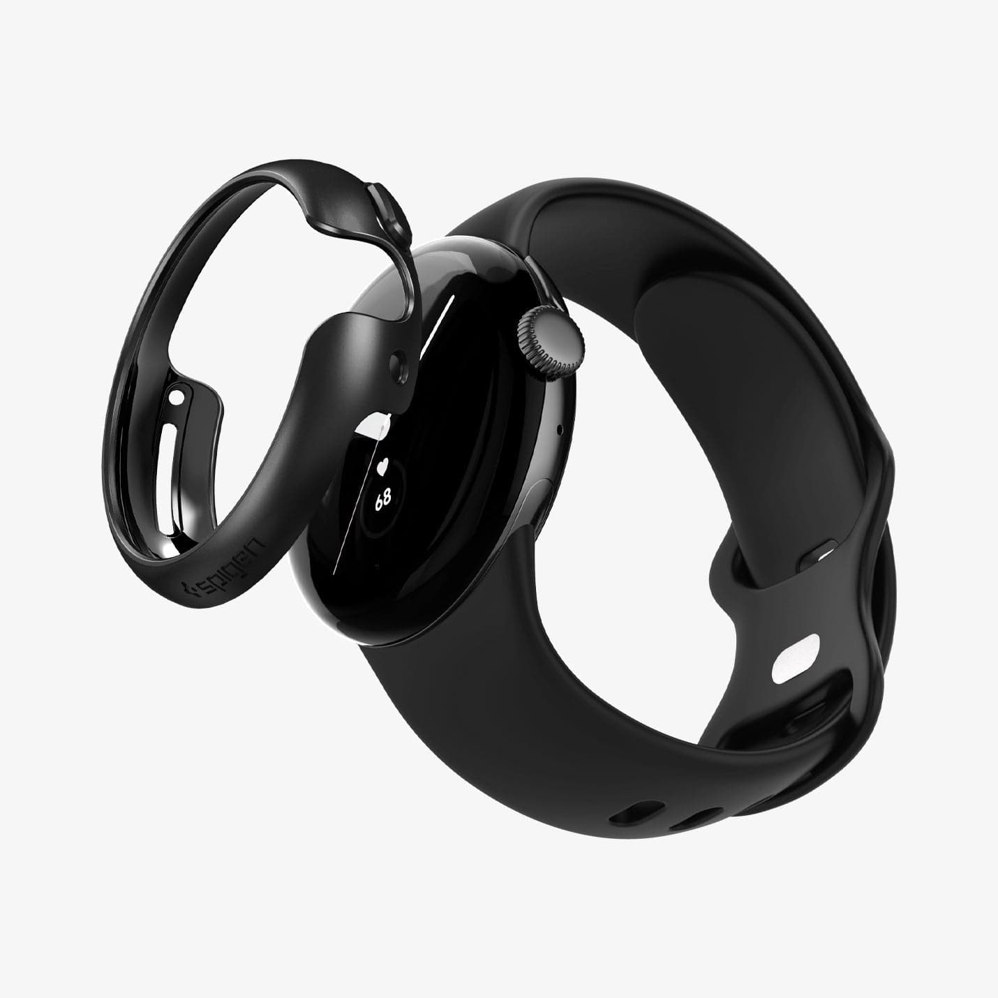 ACS05795 - Pixel Watch Case Thin Fit in black showing the case hovering in front of watch