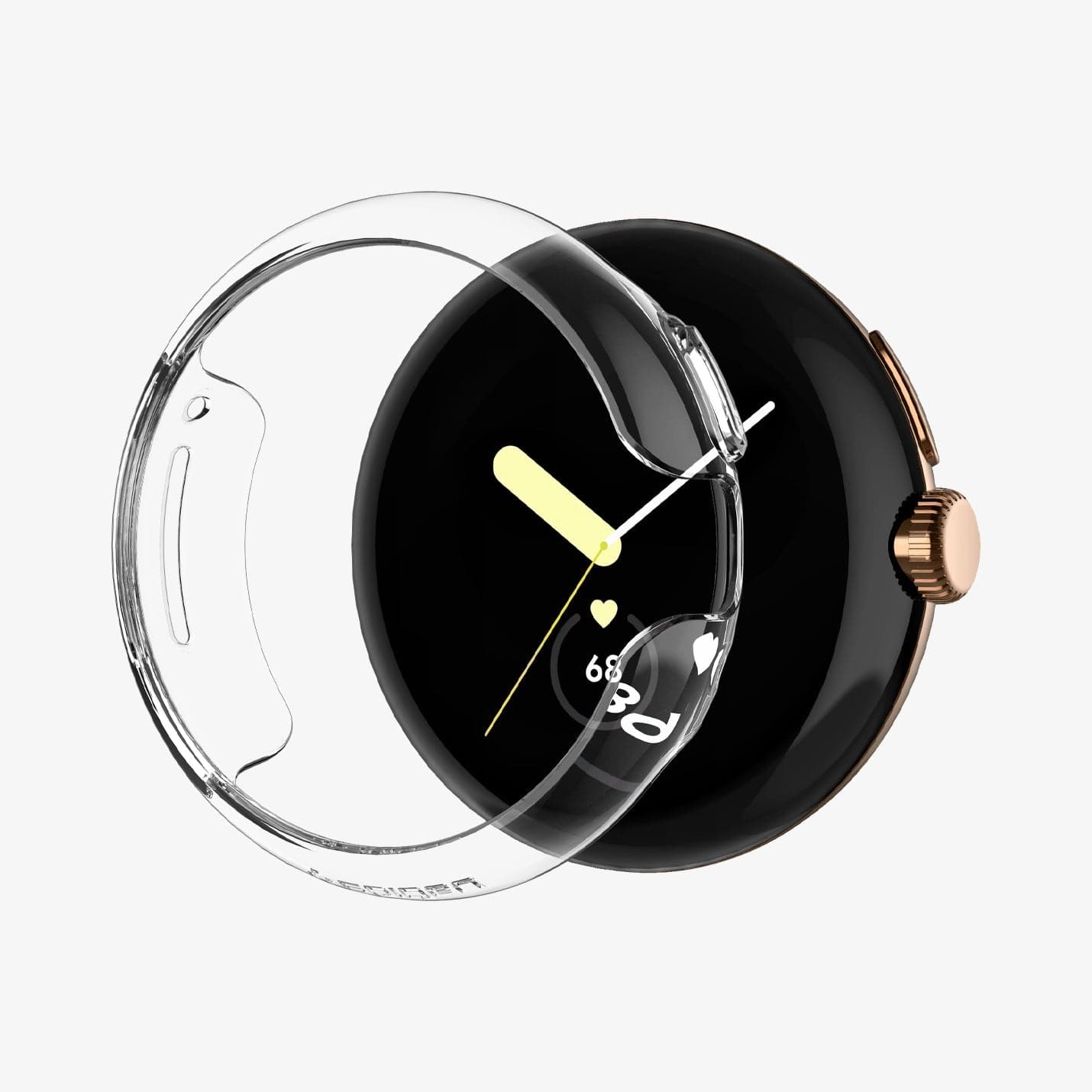 ACS05794 - Pixel Watch Case Thin Fit CC in crystal clear showing the case hovering in front of watch face