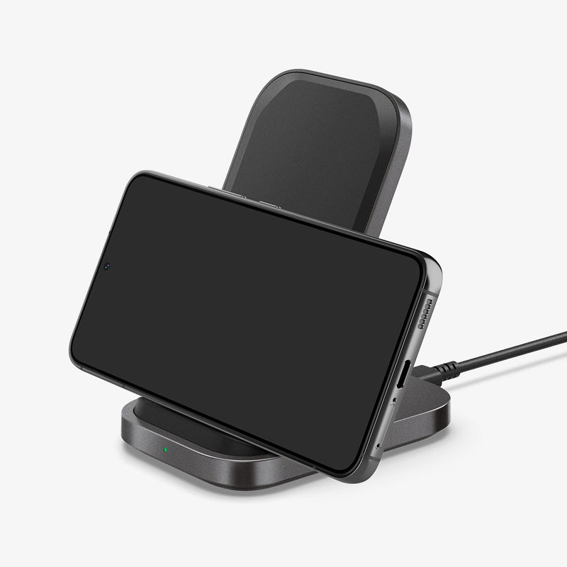 ACH06254 - ArcField PF2102 Wireless Charger in black showing the front and side with a Samsung device propped horizontally on charger