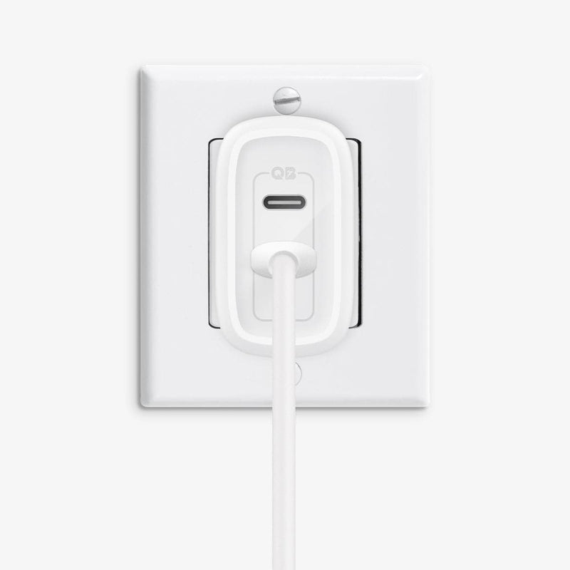 ACH02595 - ArcStation™ Pro 40W Wall Charger PE2013 in white showing the wall charger plugged into outlet with charging cable inserted