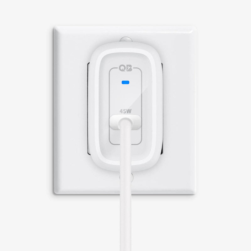 ACH02587 - ArcStation™ Pro 45W Wall Charger PE2015 in white showing the wall charger plugged into an outlet with charging cable inserted