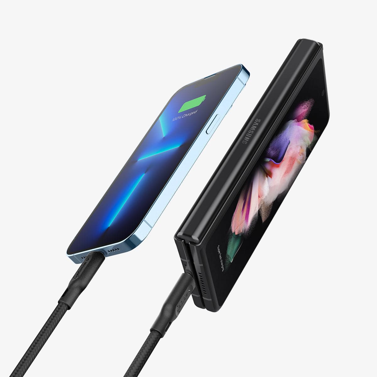 ACH05606 - ArcStation™ Pro 27W Wall Charger PE2103 in black showing the charging cables connected and charging two devices at the same time