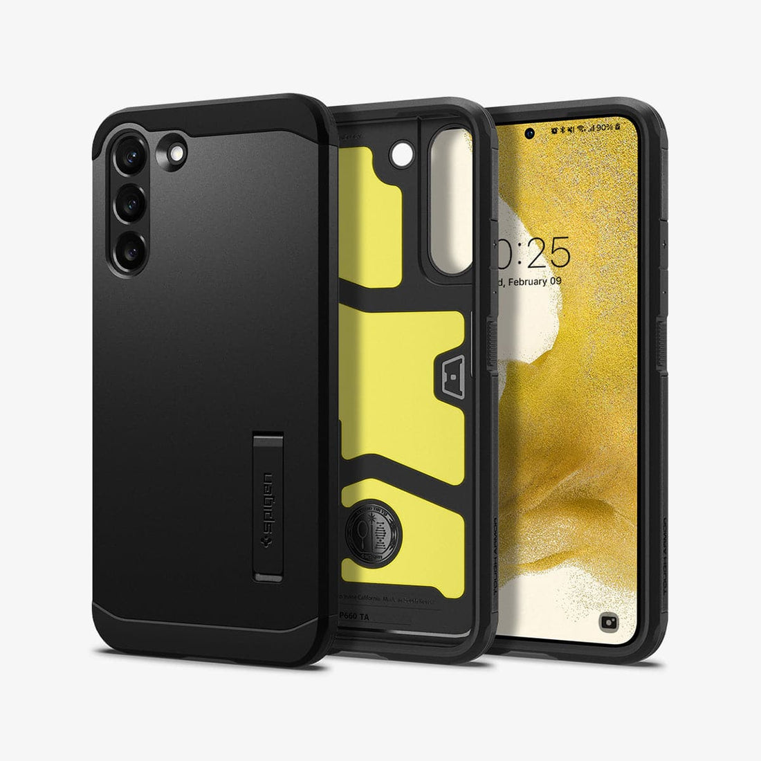 ACS03991 - Galaxy S22 5G Case Tough Armor in black showing the back, inside and front