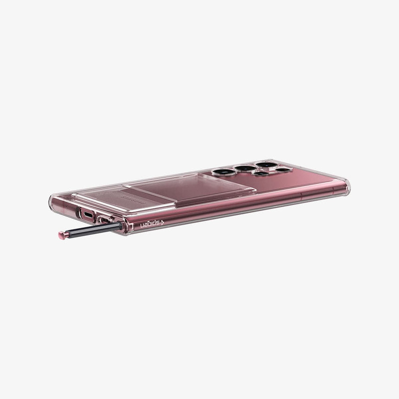 ACS03928 - Galaxy S22 Ultra 5G Case Crystal Slot in crystal clear showing the back, side and bottom with s pen sticking out of slot