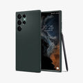 ACS04518 - Galaxy S22 Ultra 5G Case Liquid Air in abyss green showing the back and front with s pen leaning against device