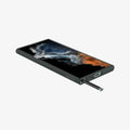 ACS04518 - Galaxy S22 Ultra 5G Case Liquid Air in abyss green showing the front, side and bottom with s pen sticking out of slot