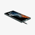 ACS04517 - Galaxy S22 Ultra 5G Case Thin Fit in abyss green showing the front, side and bottom with s pen sticking out of slot