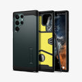 ACS04519 - Galaxy S22 Ultra 5G Case Tough Armor in abyss green showing the back, inside and front with s pen leaning against device