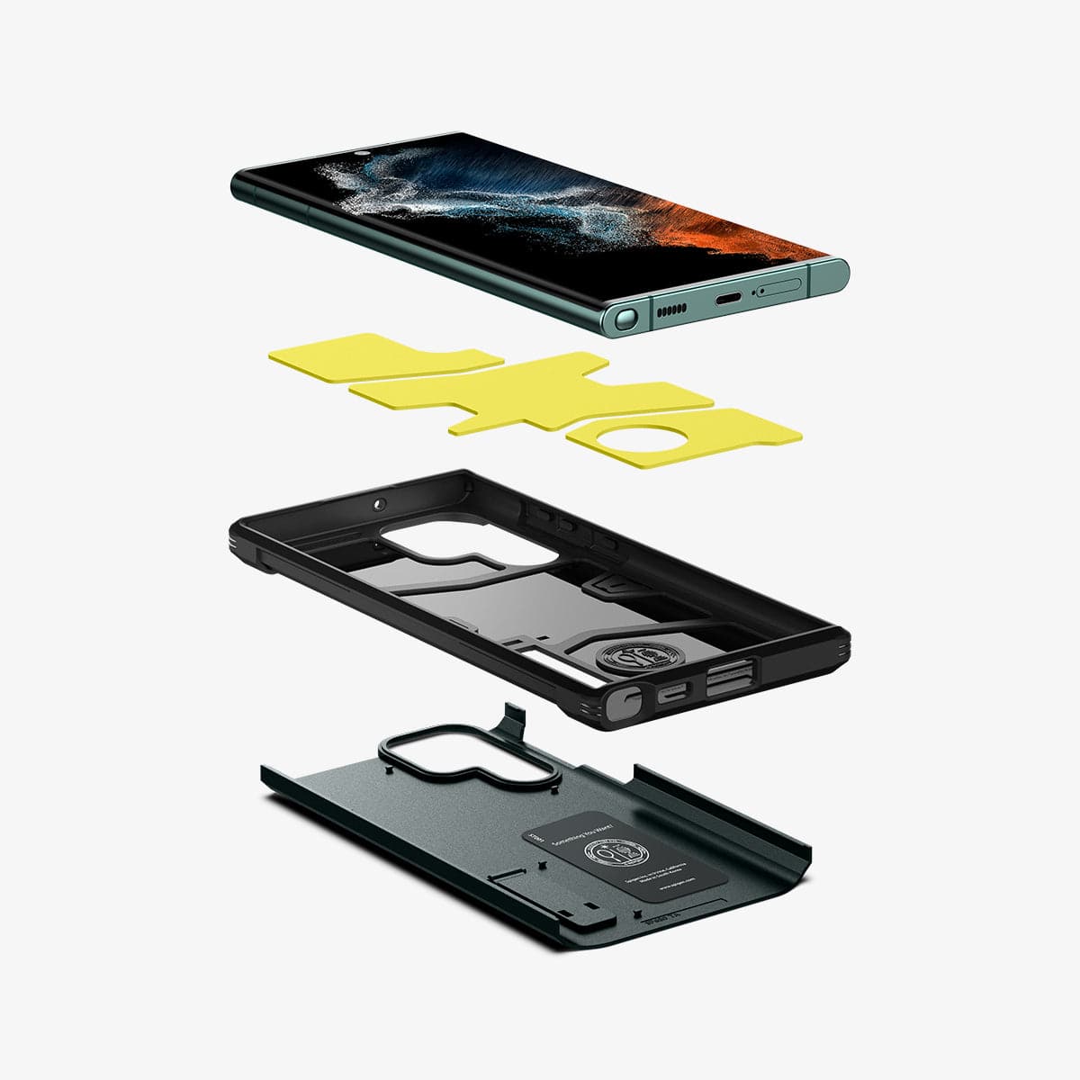 ACS04519 - Galaxy S22 Ultra 5G Case Tough Armor in abyss green showing the hard PC, flexible TPU, and impact foam layers
