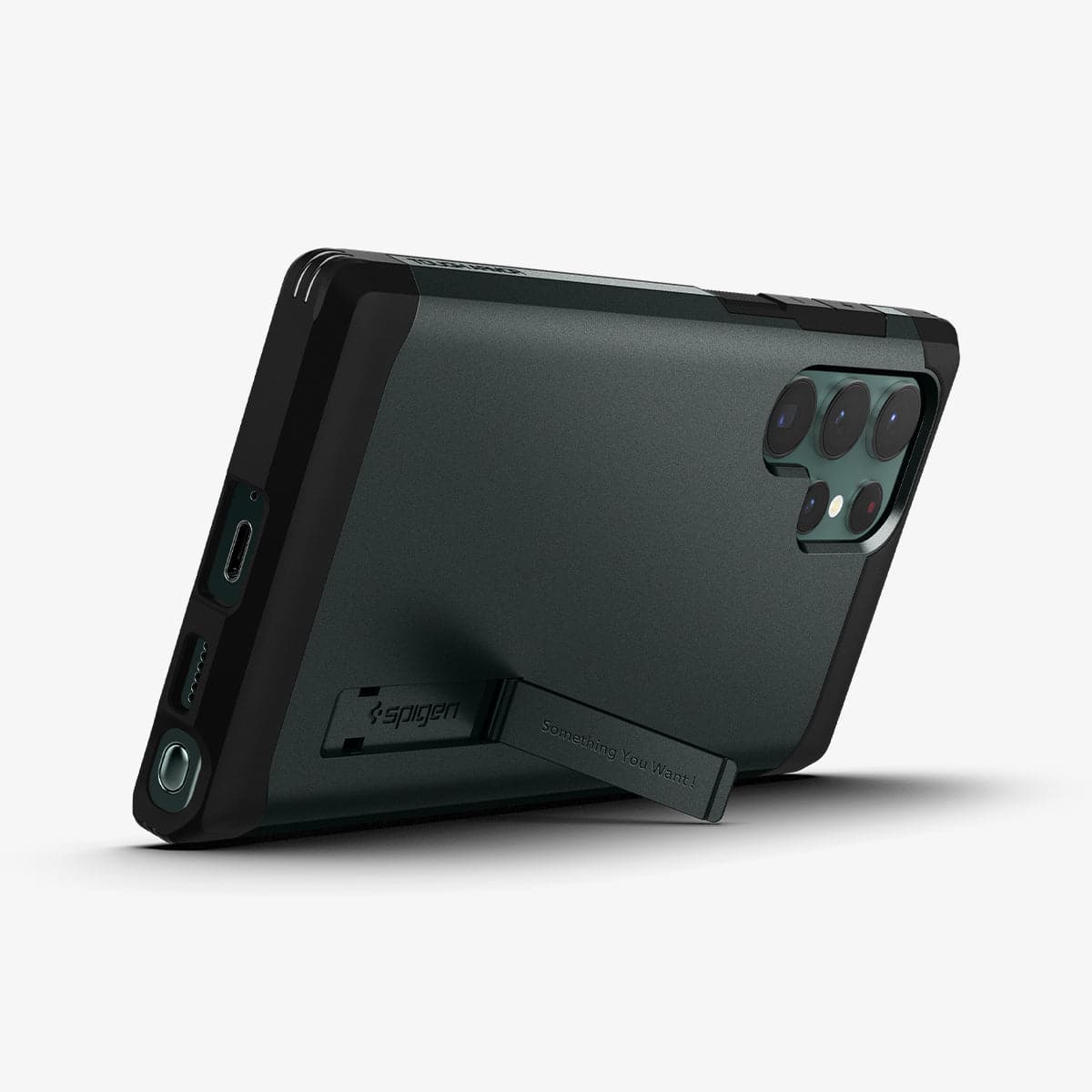 ACS04519 - Galaxy S22 Ultra 5G Case Tough Armor in abyss green showing the back and bottom with device propped up by built in kickstand