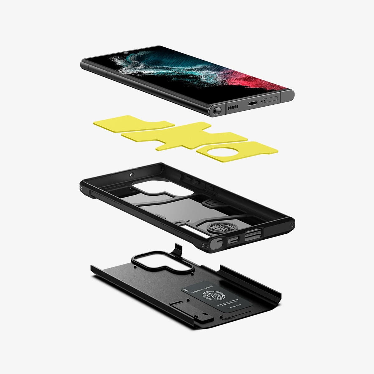 ACS03923 - Galaxy S22 Ultra 5G Case Tough Armor in black showing the hard PC, flexible TPU, and impact foam layers
