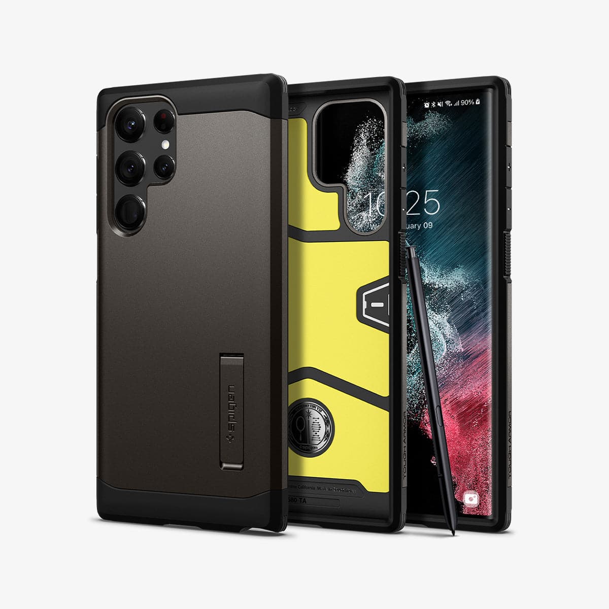 ACS03924 - Galaxy S22 Ultra 5G Case Tough Armor in gunmetal showing the back, inside and front with s pen leaning against device