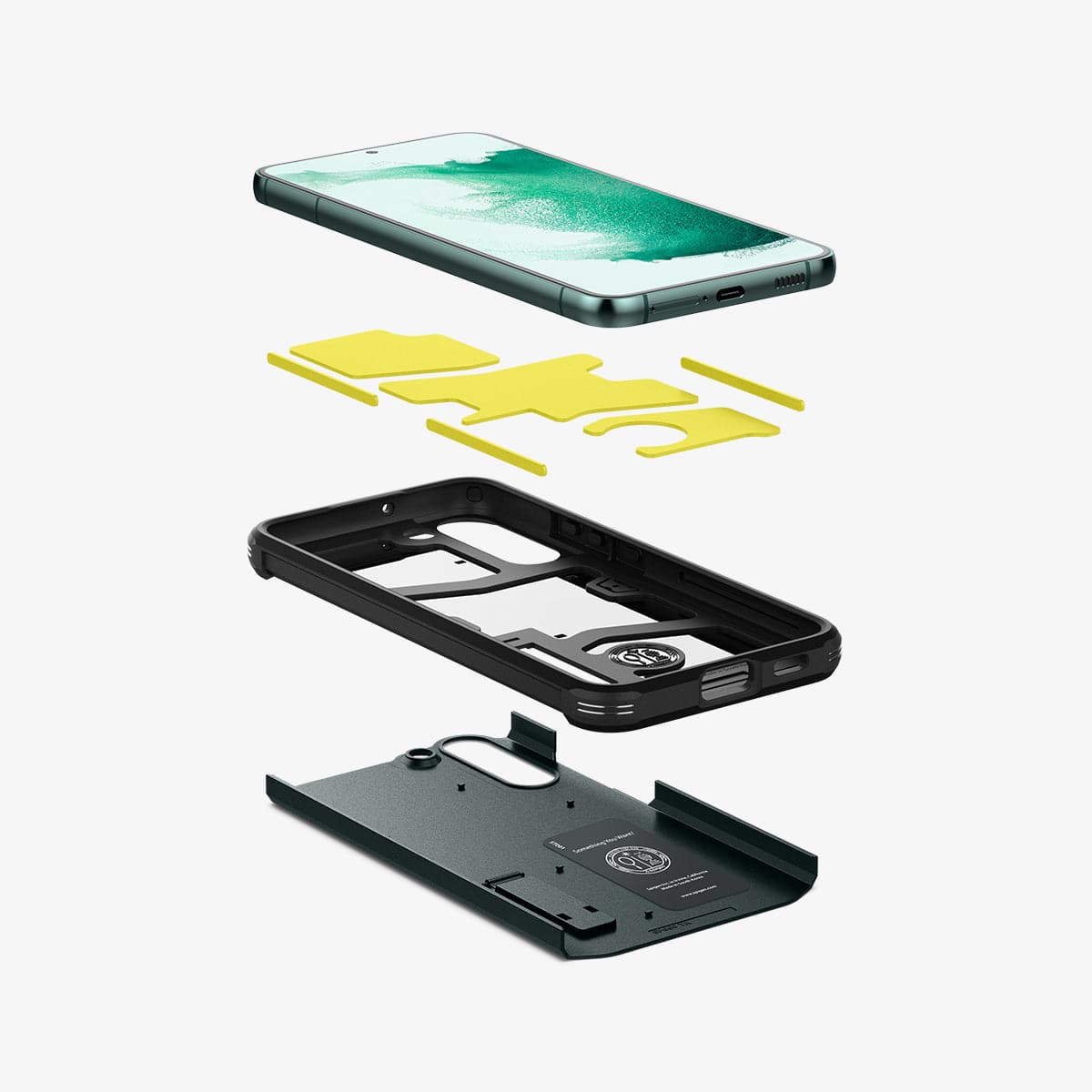 ACS04522 - Galaxy S22 Plus 5G Case Tough Armor in abyss green showing the hard PC, flexible TPU, and impact foam layers