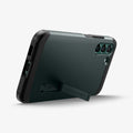 ACS04522 - Galaxy S22 Plus 5G Case Tough Armor in abyss green showing the back and bottom with device propped up by built in kickstand