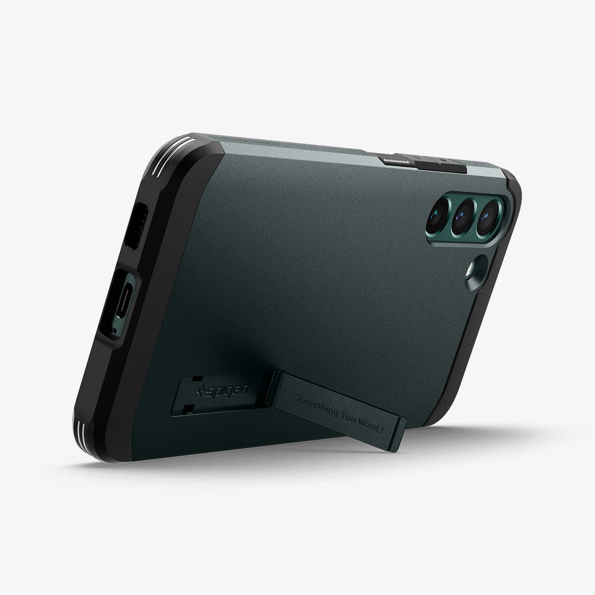 ACS04522 - Galaxy S22 Plus 5G Case Tough Armor in abyss green showing the back and bottom with device propped up by built in kickstand