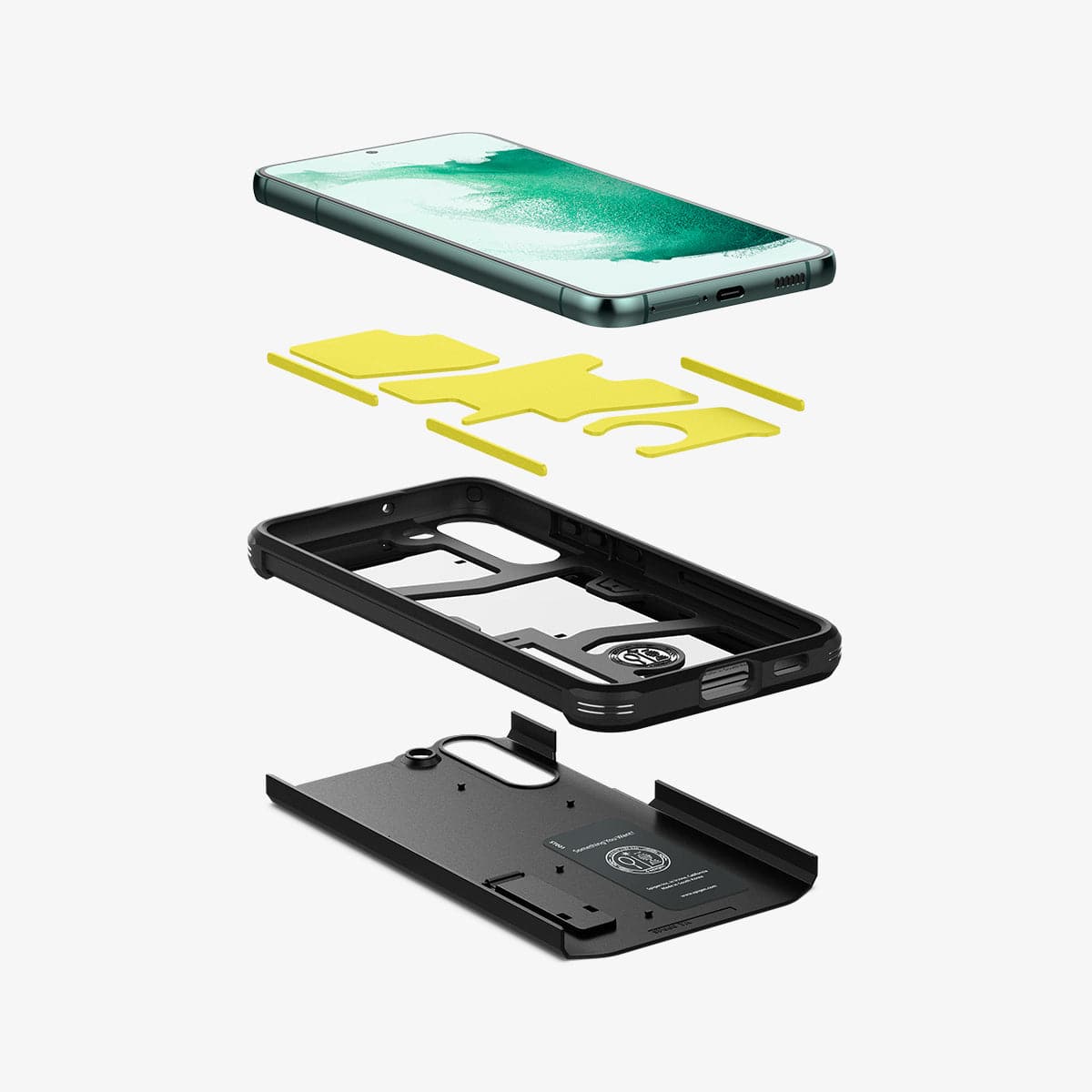 ACS03958 - Galaxy S22 Plus 5G Case Tough Armor in black showing the hard PC, flexible TPU, and impact foam layers