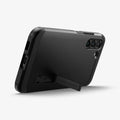 ACS03958 - Galaxy S22 Plus 5G Case Tough Armor in black showing the back and bottom with device propped up by built in kickstand