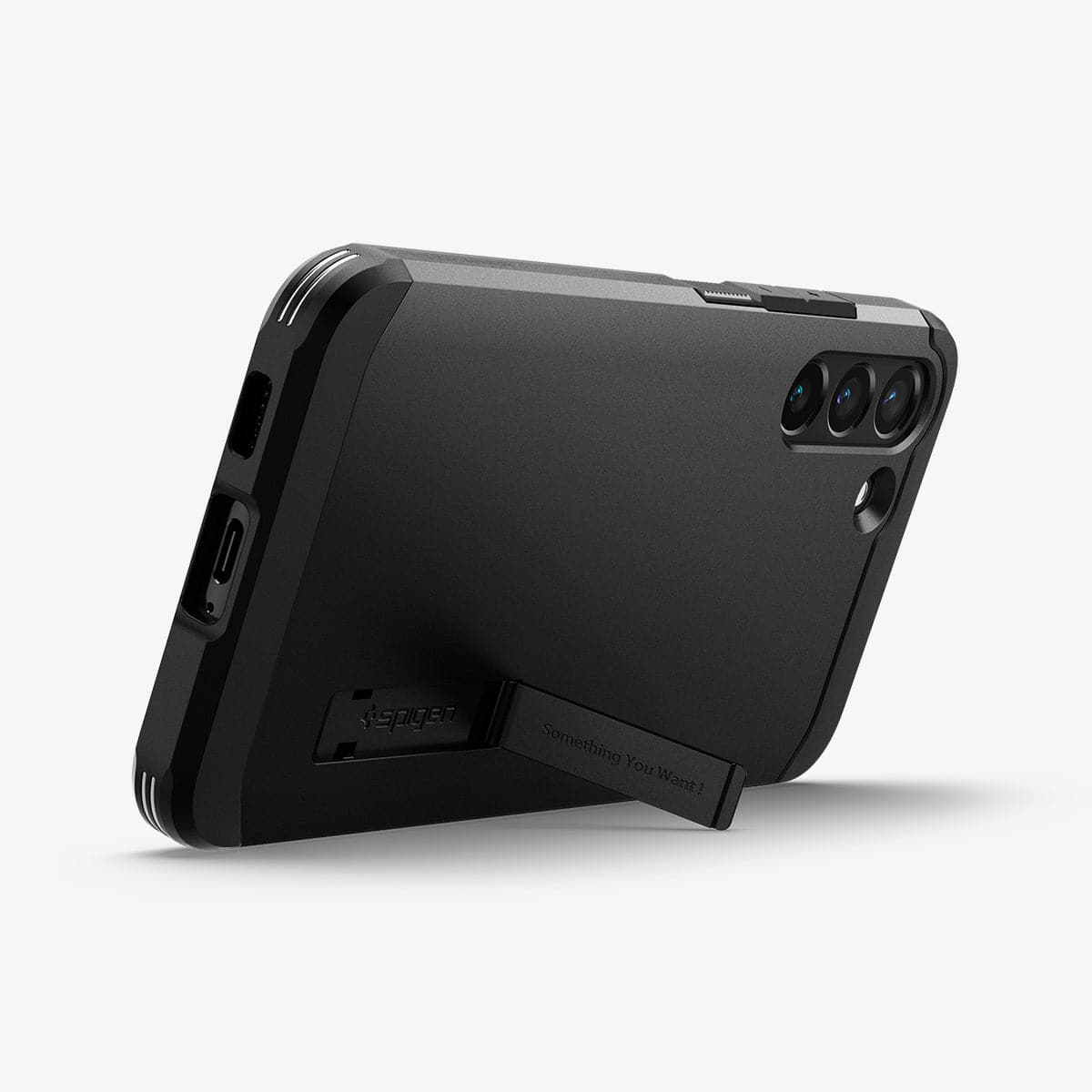 ACS03958 - Galaxy S22 Plus 5G Case Tough Armor in black showing the back and bottom with device propped up by built in kickstand