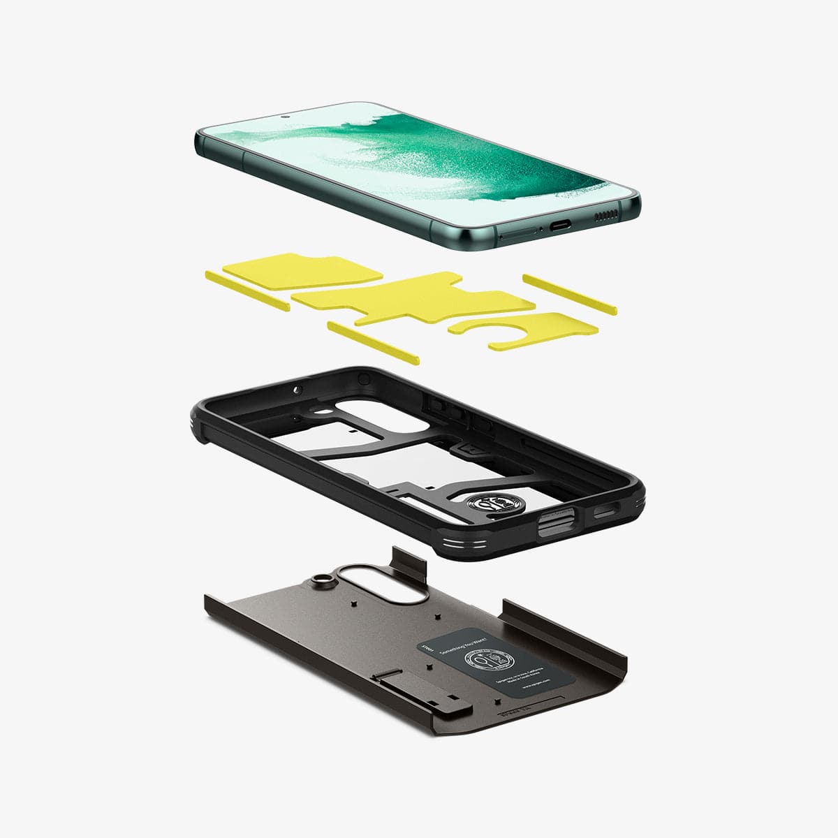 ACS03959 - Galaxy S22 Plus 5G Case Tough Armor in gunmetal showing the hard PC, flexible TPU, and impact foam layers