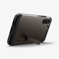 ACS03959 - Galaxy S22 Plus 5G Case Tough Armor in gunmetal showing the back and bottom with device propped up by built in kickstand