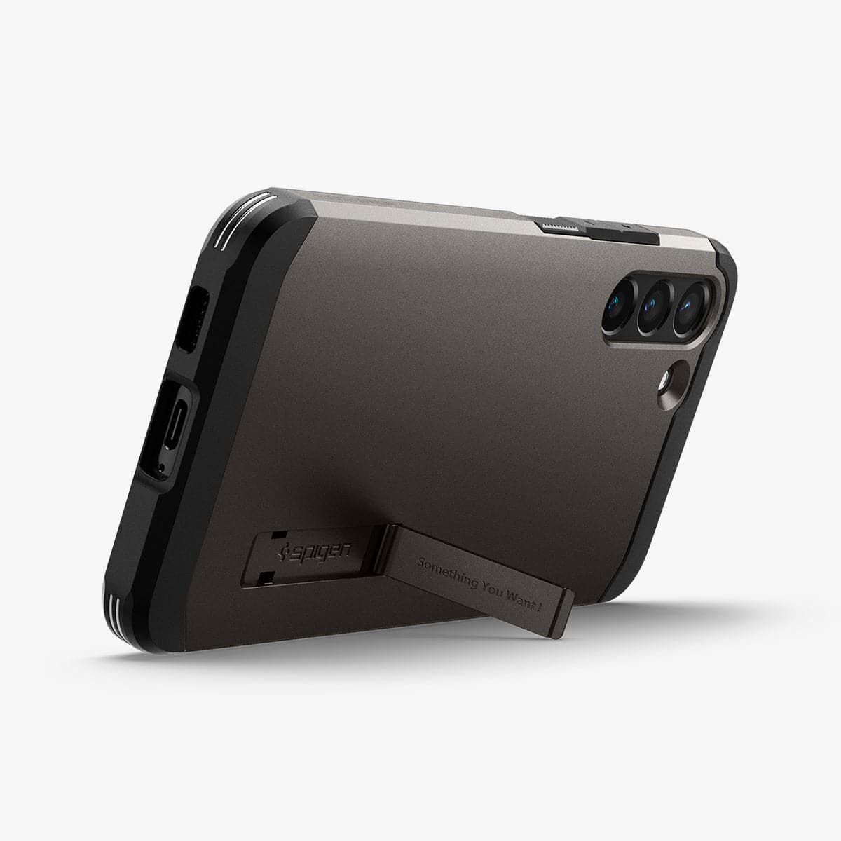 ACS03959 - Galaxy S22 Plus 5G Case Tough Armor in gunmetal showing the back and bottom with device propped up by built in kickstand