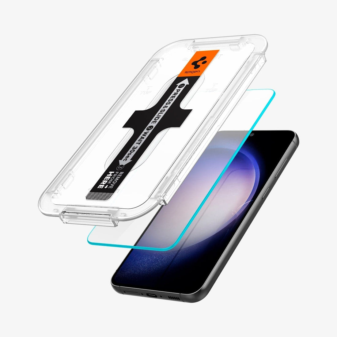 AGL05958 - Galaxy S23 EZ FIT GLAS.tR Screen Protector showing the device, two screen protectors and ez fit tray