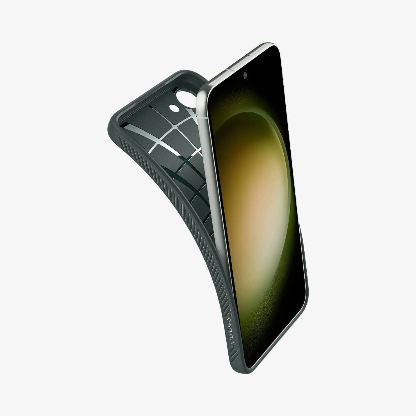 ACS05713 - Galaxy S23 Case Liquid Air in abyss green showing the case bending away from device to show the flexibility
