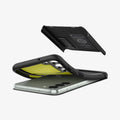 ACS05735 - Galaxy S23 Case Slim Armor in black showing the back bending slightly away from device to show the flexibility and back layer hovering above