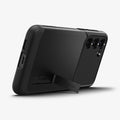 ACS05735 - Galaxy S23 Case Slim Armor in black showing the back and bottom with device propped up by built in kickstand